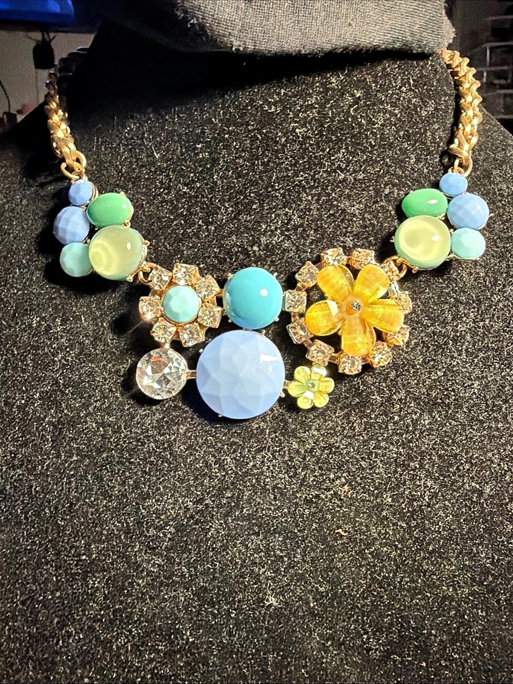 Statement Floral Beaded Necklace in Gold & Blue chunky glows chic pastels 18”